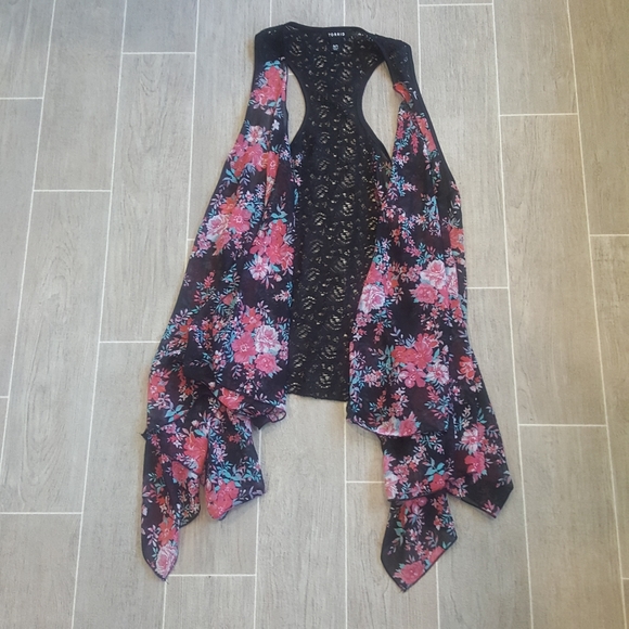 Torrid Floral Chiffon Lace Back Vest Size 0/1 - Picture 2 of 8